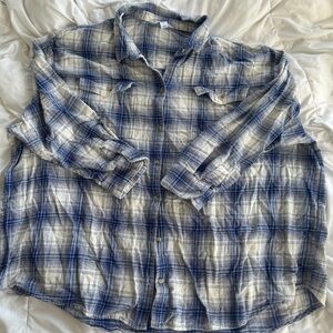 Blue and White Plaid Flannel Shirt